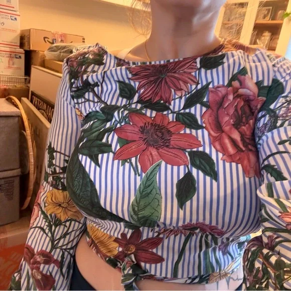 Jeuvre Floral and Stripes Balloon Sleeve Tie-Back Cropped Top - Picture 7 of 15